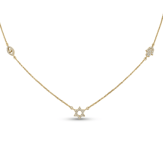 Petite Diamond Hamsa, Evil Eye and Star of David Station Necklace - 14k Yellow, White or Rose Gold