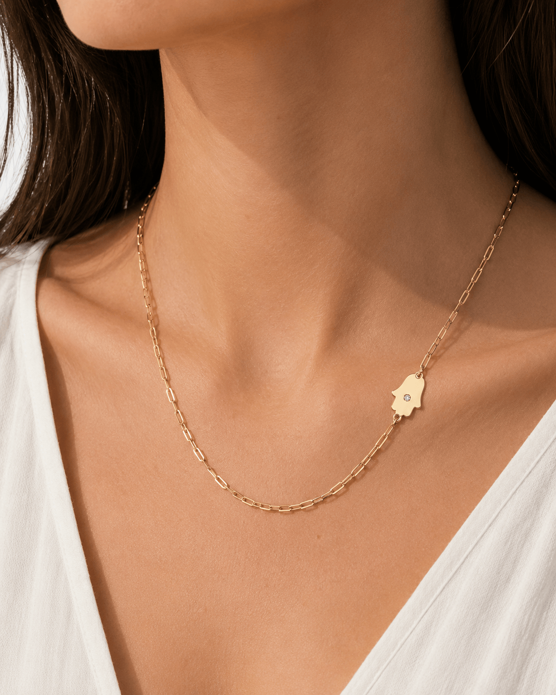 Miriam Merenfeld Jewelry Necklaces Dani Hamsa Diamond Paperclip Necklace - (Sterling Silver, Gold-Plated, or Two-Tone)