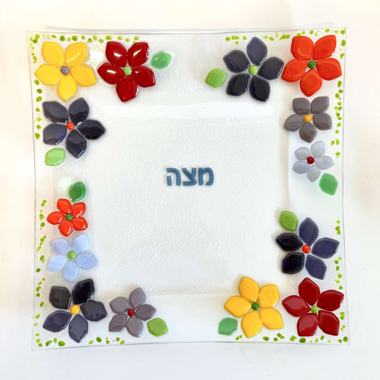 Handmade Fused Glass Floral Matzah Tray