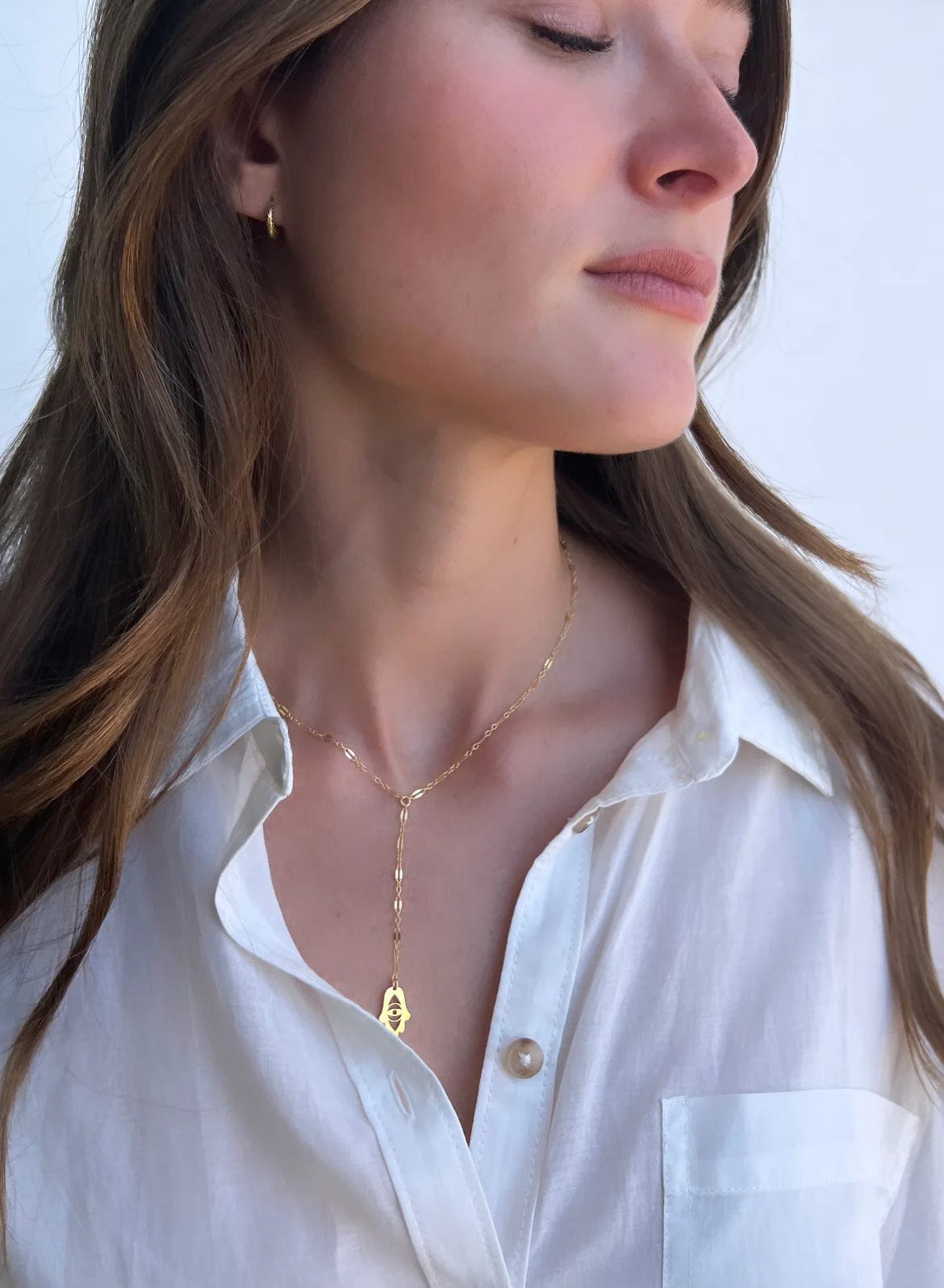 Miriam Merenfeld Jewelry - Joyce Hamsa With Evil Eye Lariat Necklace - (Sterling Silver or Gold - Plated) - ModernTribe