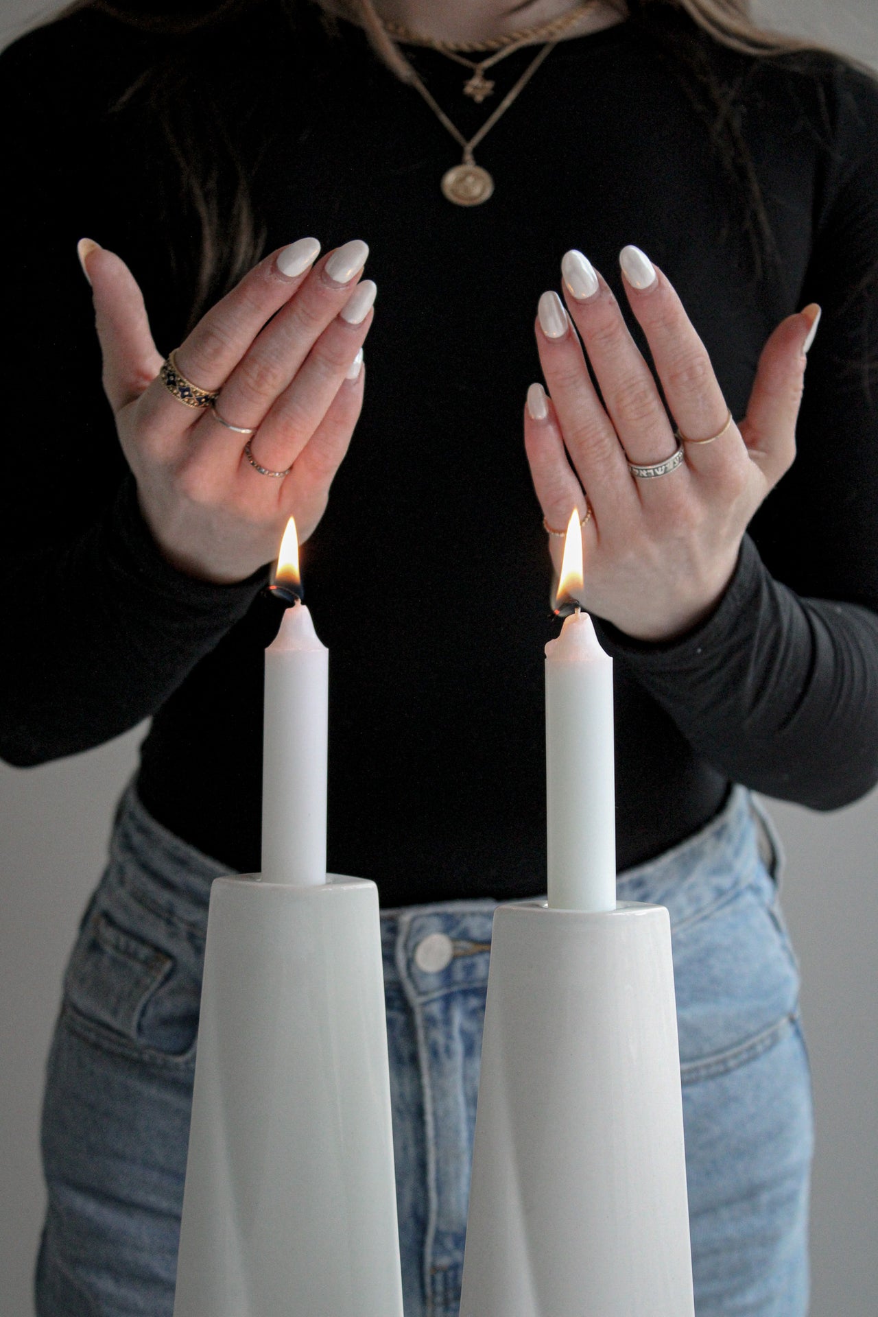 Green Judaica - Handmade Tall Soft Blue Porcelain Shabbat Candlesticks Set - ModernTribe