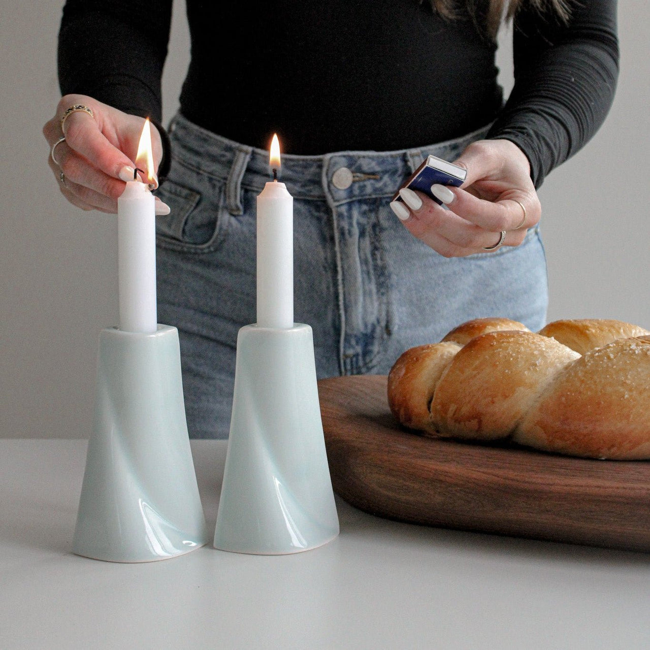 Green Judaica - Handmade Soft Blue Short Porcelain Shabbat Candlesticks Set - ModernTribe