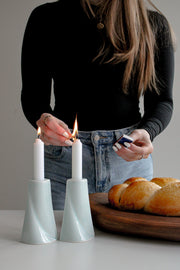 Green Judaica - Handmade Soft Blue Short Porcelain Shabbat Candlesticks Set - ModernTribe