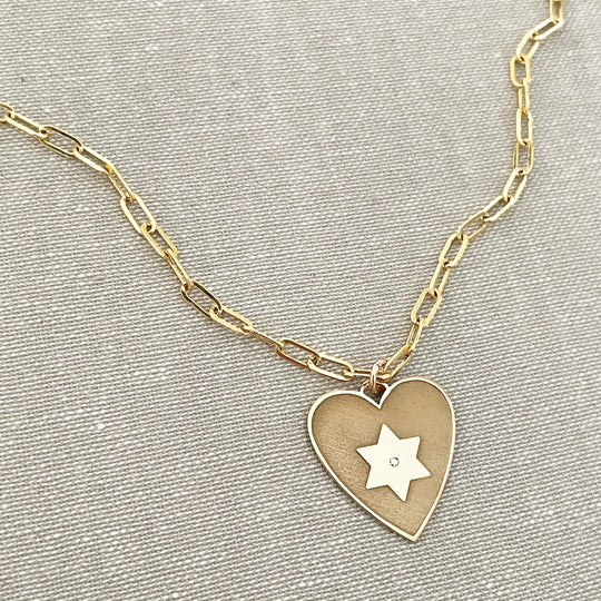 Heart Star of David Diamond Paperclip Necklace by Miriam Merenfeld - (Sterling Silver or Gold-Plated)