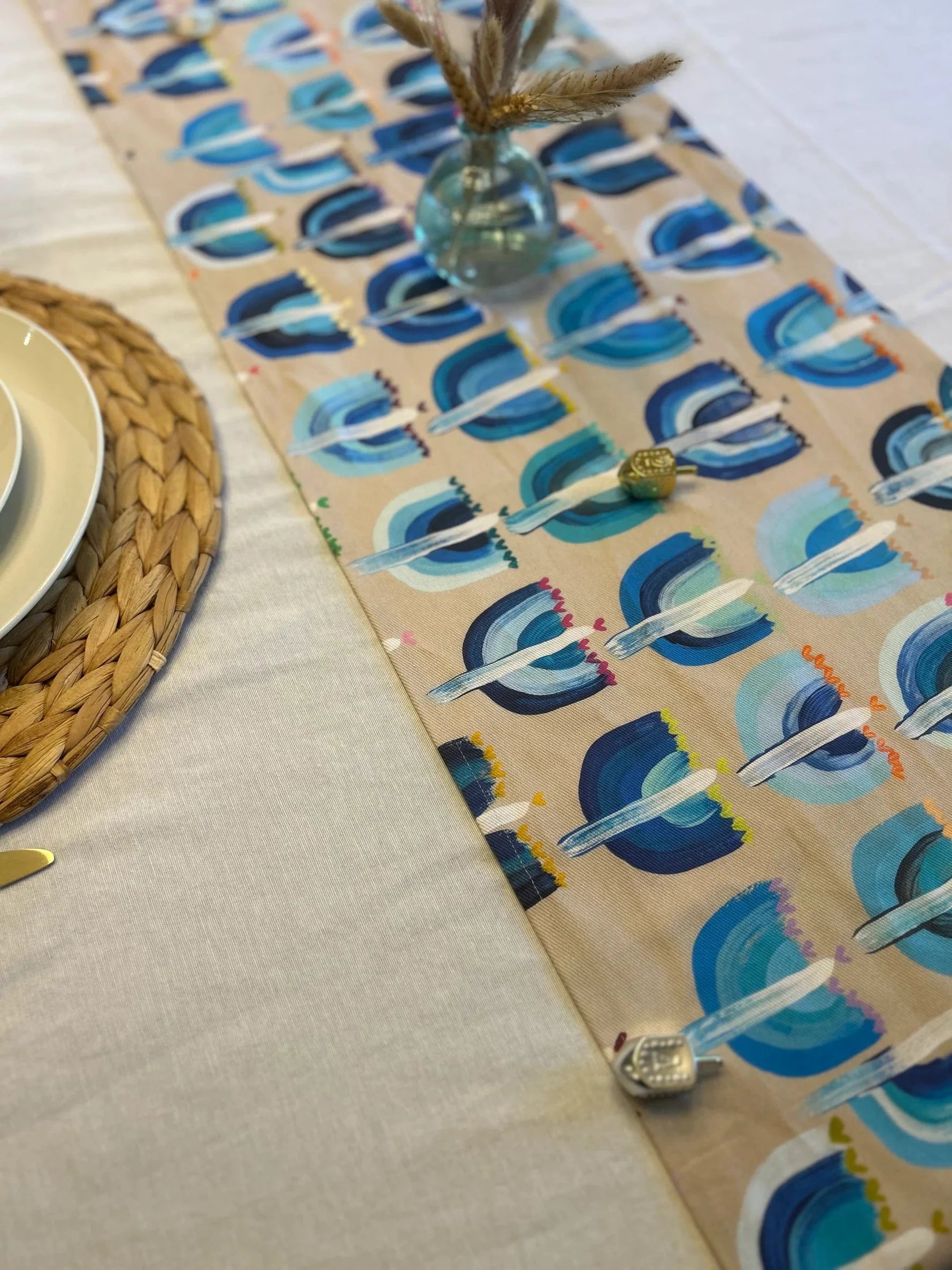 Arielle Zorger Designs - Blue Menorah and Hearts Table Runner - ModernTribe