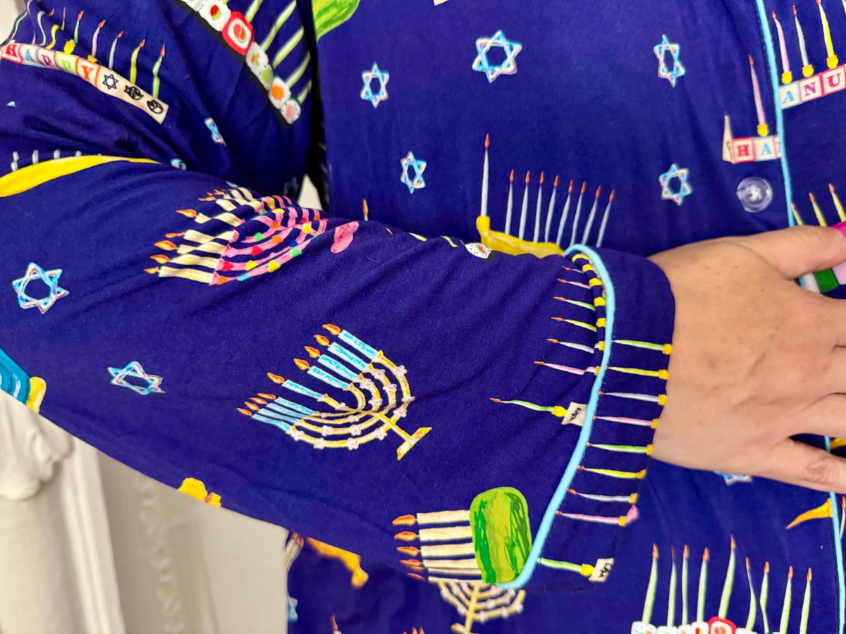 Amy Kritzer Becker Pajamas Hanukkah Many Menorahs Bamboo Adult Pajamas - (Unisex Sizes S - 4XL)