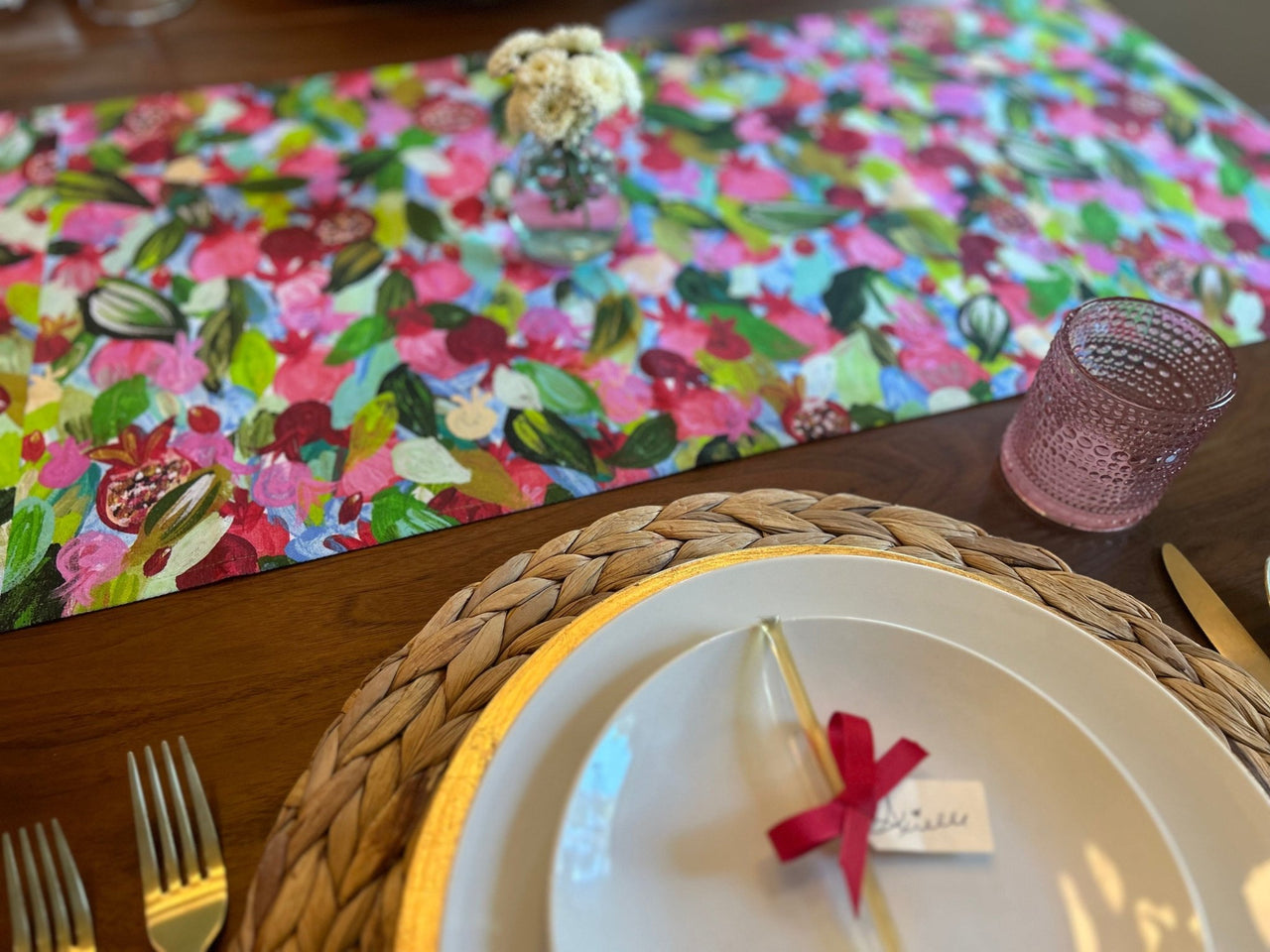 Arielle Zorger Designs - Red Pomegranates Rosh Hashanah Table Runner - ModernTribe