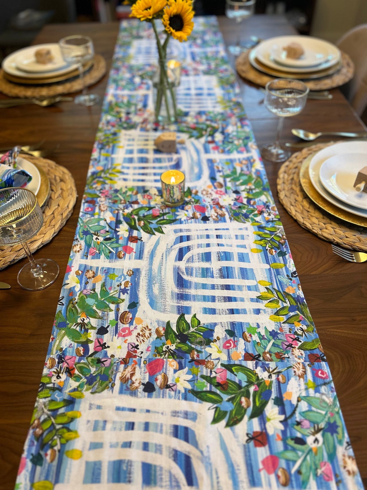 Arielle Zorger Designs Tablecloths Hanukkah Garden Menorah Table Runner