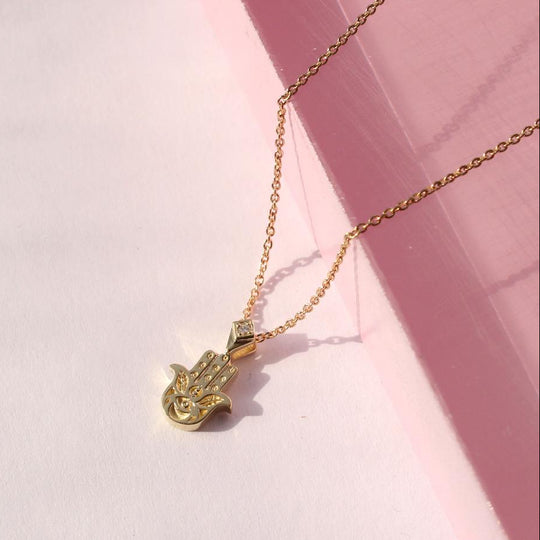 Engraved Hamsa with Diamond Necklace - 14k Yellow, Rose or White Gold