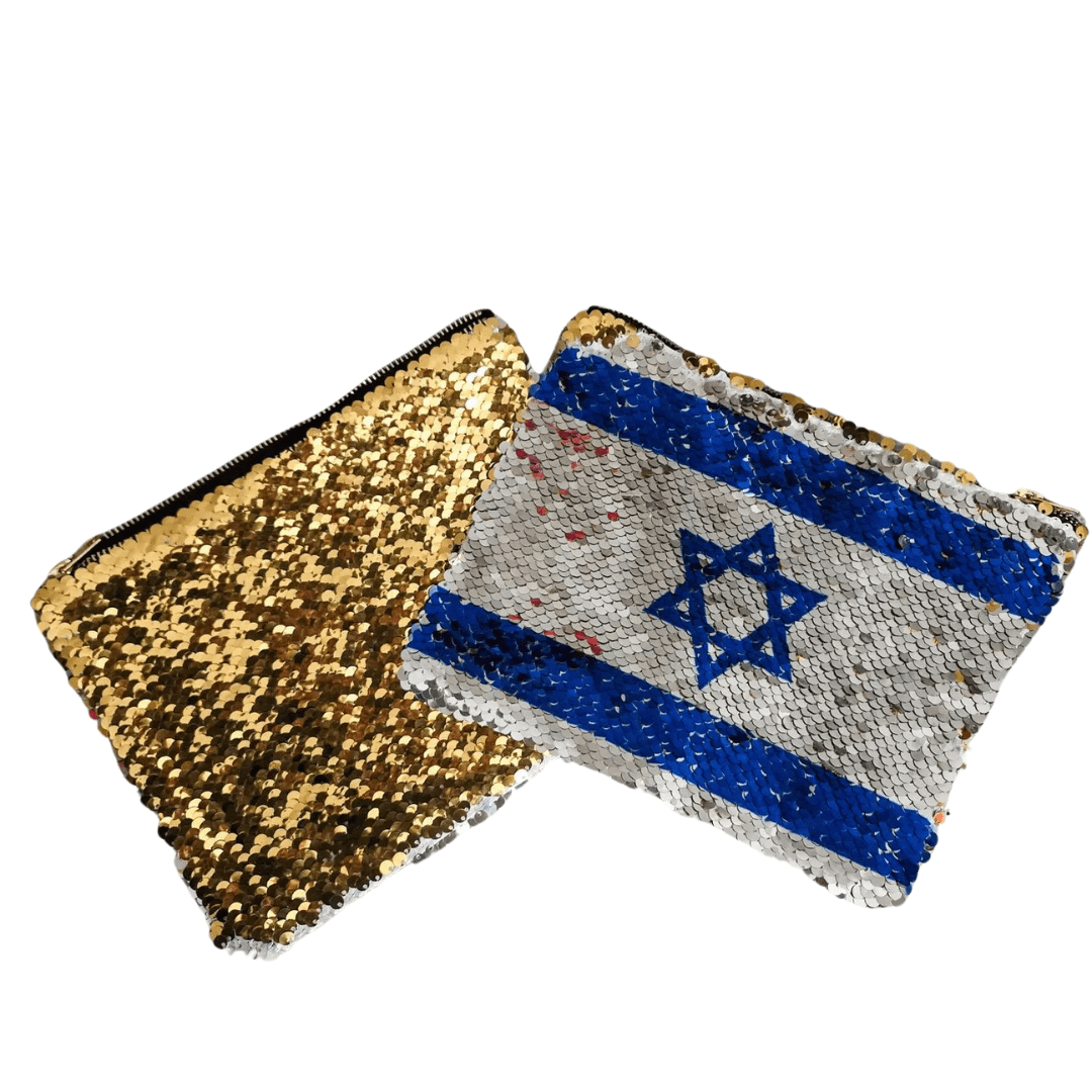 Salt and Sparkle - Israeli Flag and Gold Sequin Flip Cosmetic Bag - ModernTribe