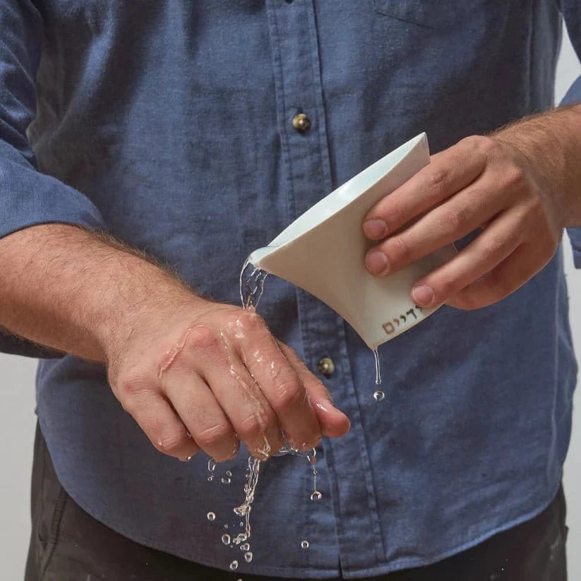 Green Judaica - Handmade Soft Blue Porcelain and Platinum Washing Cup - ModernTribe
