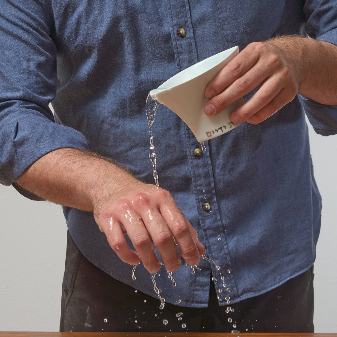 Green Judaica - Handmade Soft Blue Porcelain and Platinum Washing Cup - ModernTribe