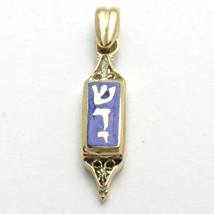 Bareket Jewelry Necklaces 14k Yellow Gold Blue Enamel Mezuzah Pendant with Shaddai Filigree