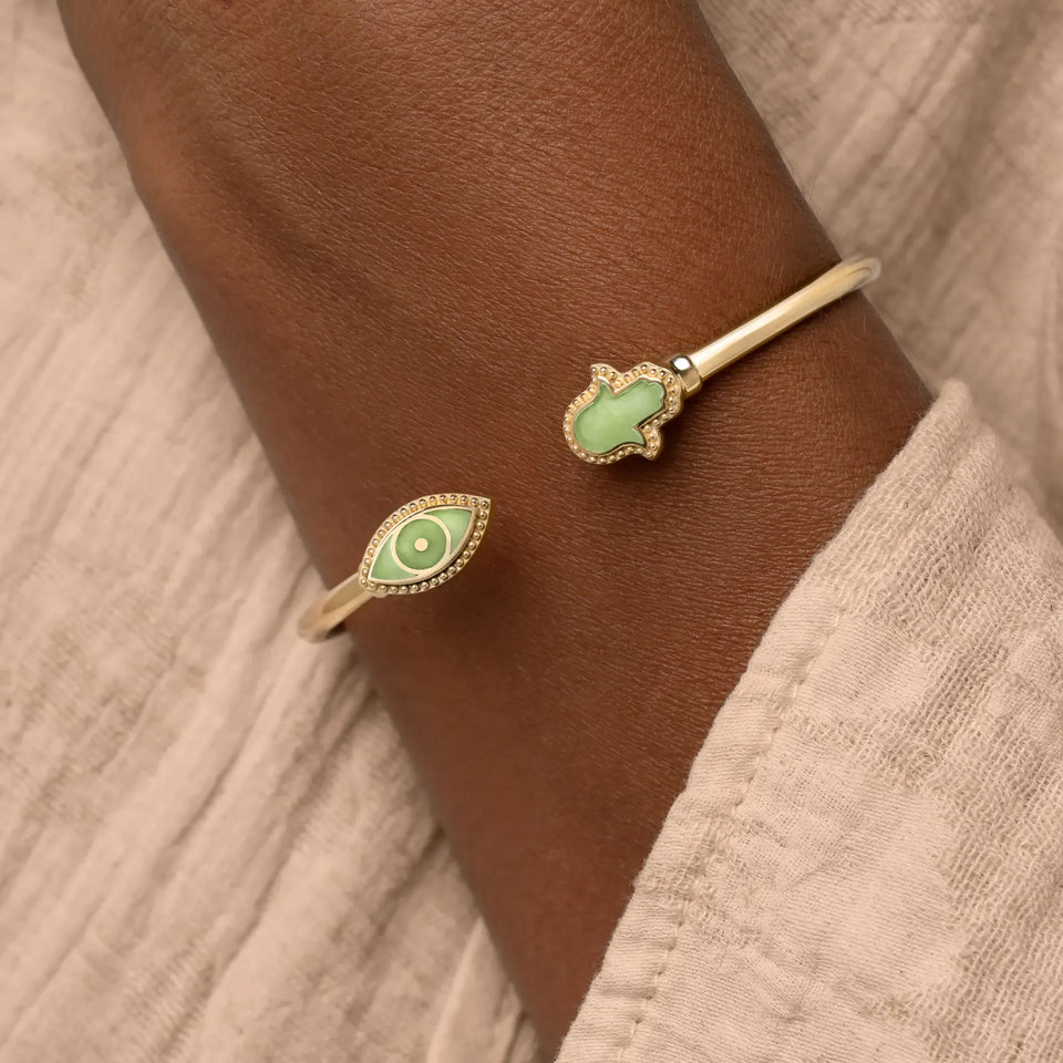 Karma and Luck Bracelets Eternal Shield Jade Evil Eye and Hamsa Cuff Bracelet