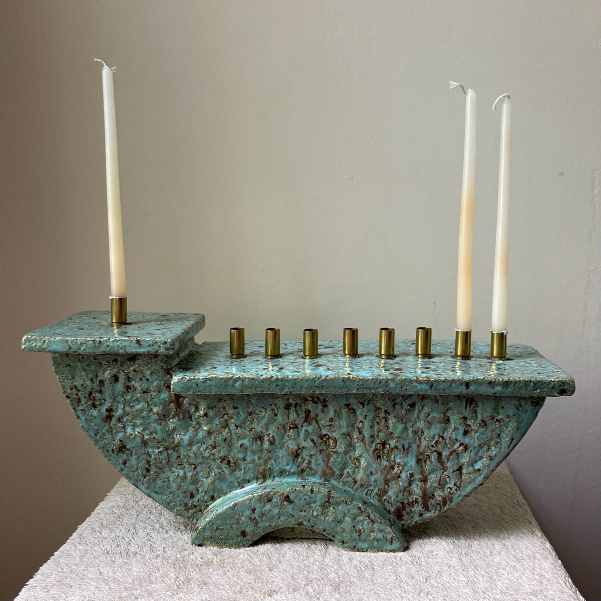 Laura Kastin Ceramics Menorahs Turquoise and Tan Ceramic Menorah by Laura Kastin