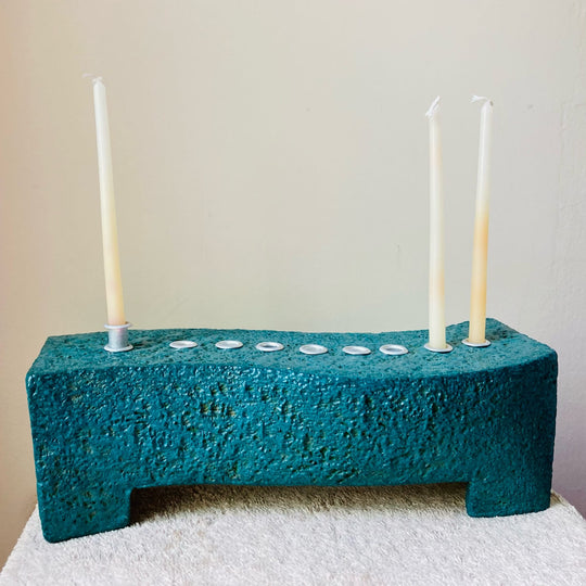 Textured Teal Ceramic Menorah by Laura Kastin