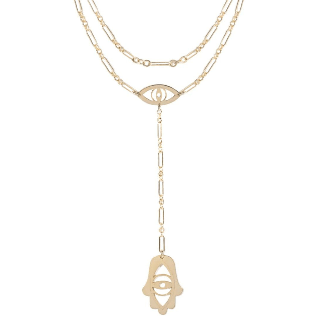 Miriam Merenfeld Jewelry Necklaces Lia Eye and Hamsa Lariat - Sterling Silver, Gold Vermeil or Two-Tone