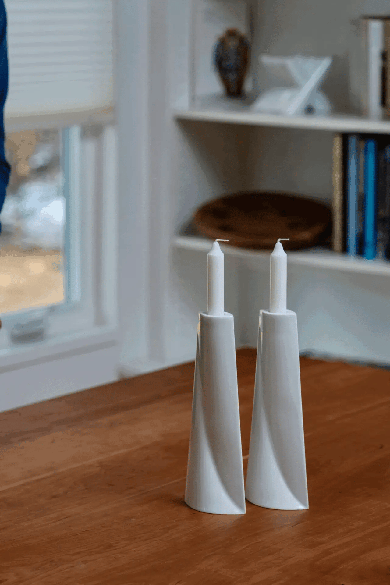 Green Judaica - Handmade Tall Soft Blue Porcelain Shabbat Candlesticks Set - ModernTribe