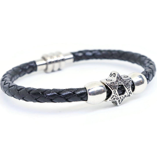 Silver Star of David Leather Bracelet - 7" or 8"
