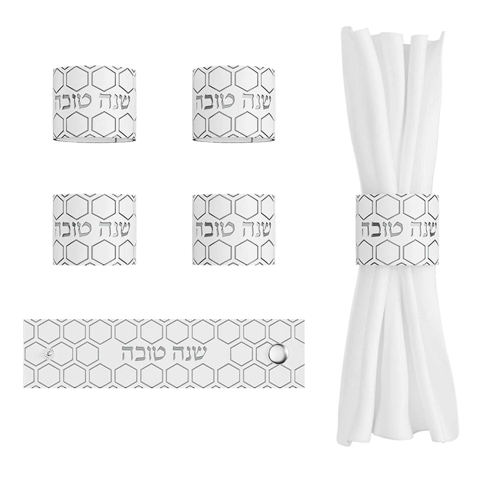 Feldart Napkins Silver Leather and Embroidered Honeycomb Napkin Rings - Set of 4