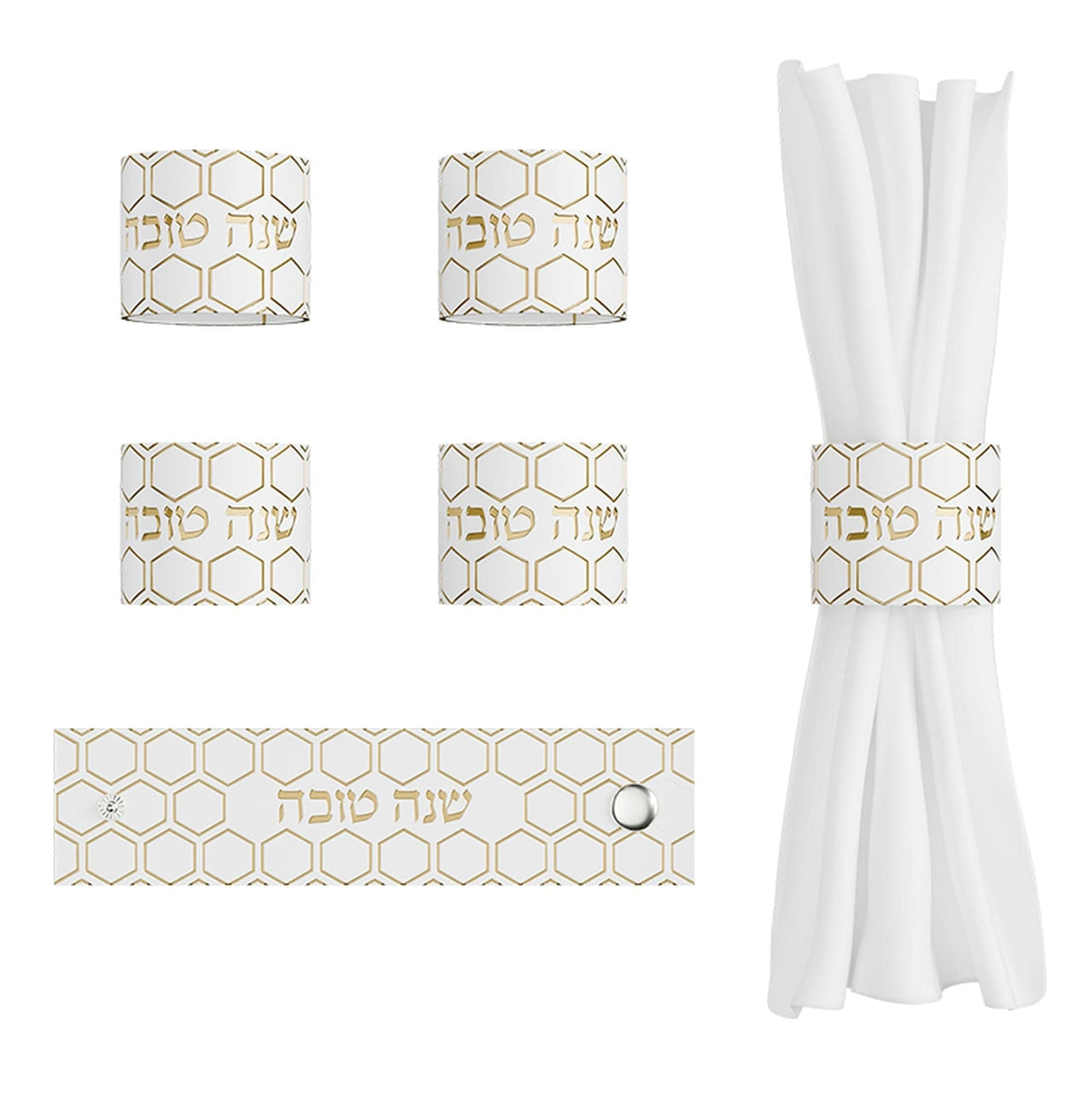 Feldart Napkins Gold Leather and Embroidered Honeycomb Napkin Rings - Set of 4