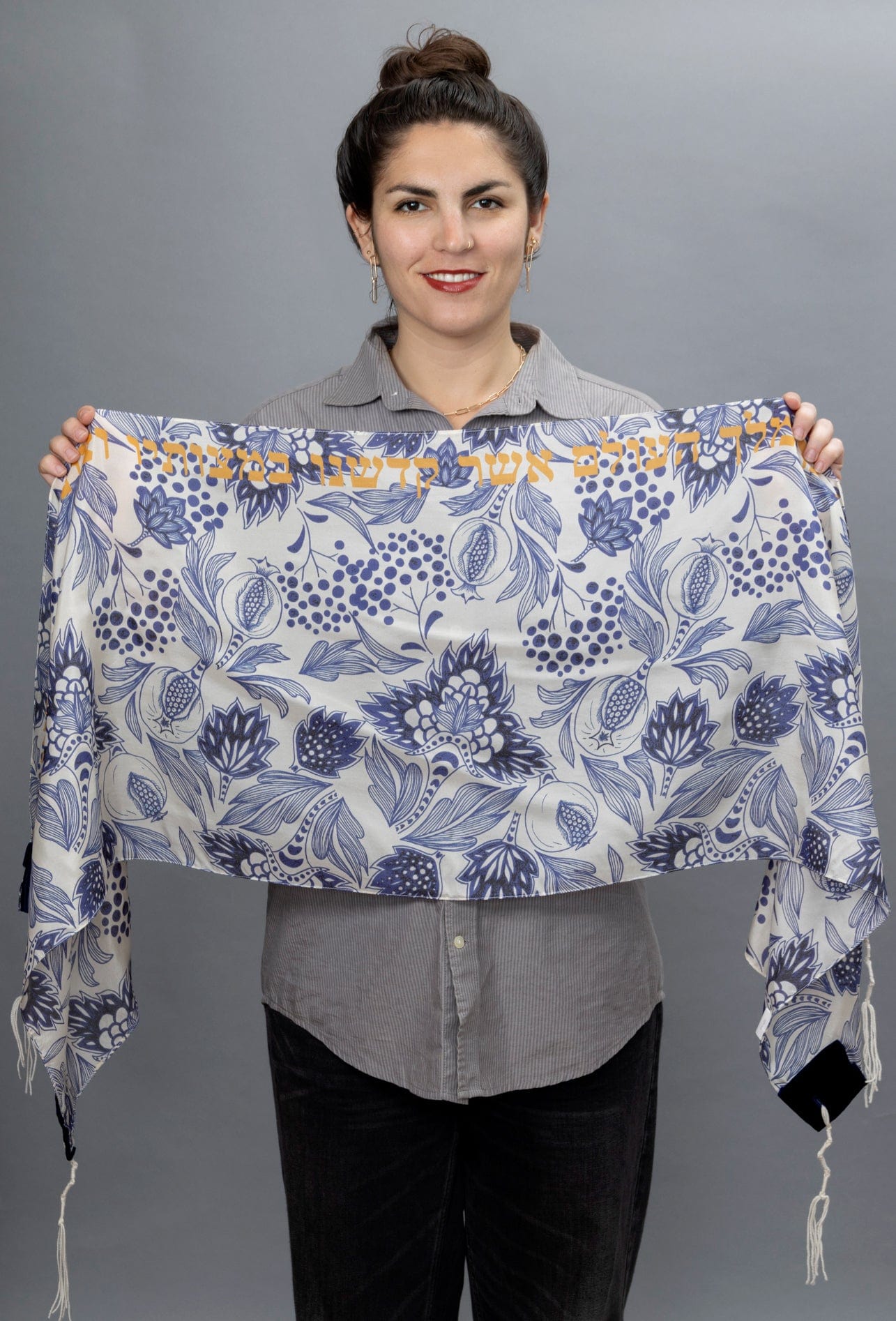 Elly Bovarnick Studios Tallises Navy Blue Pomegranates Silk Tallit