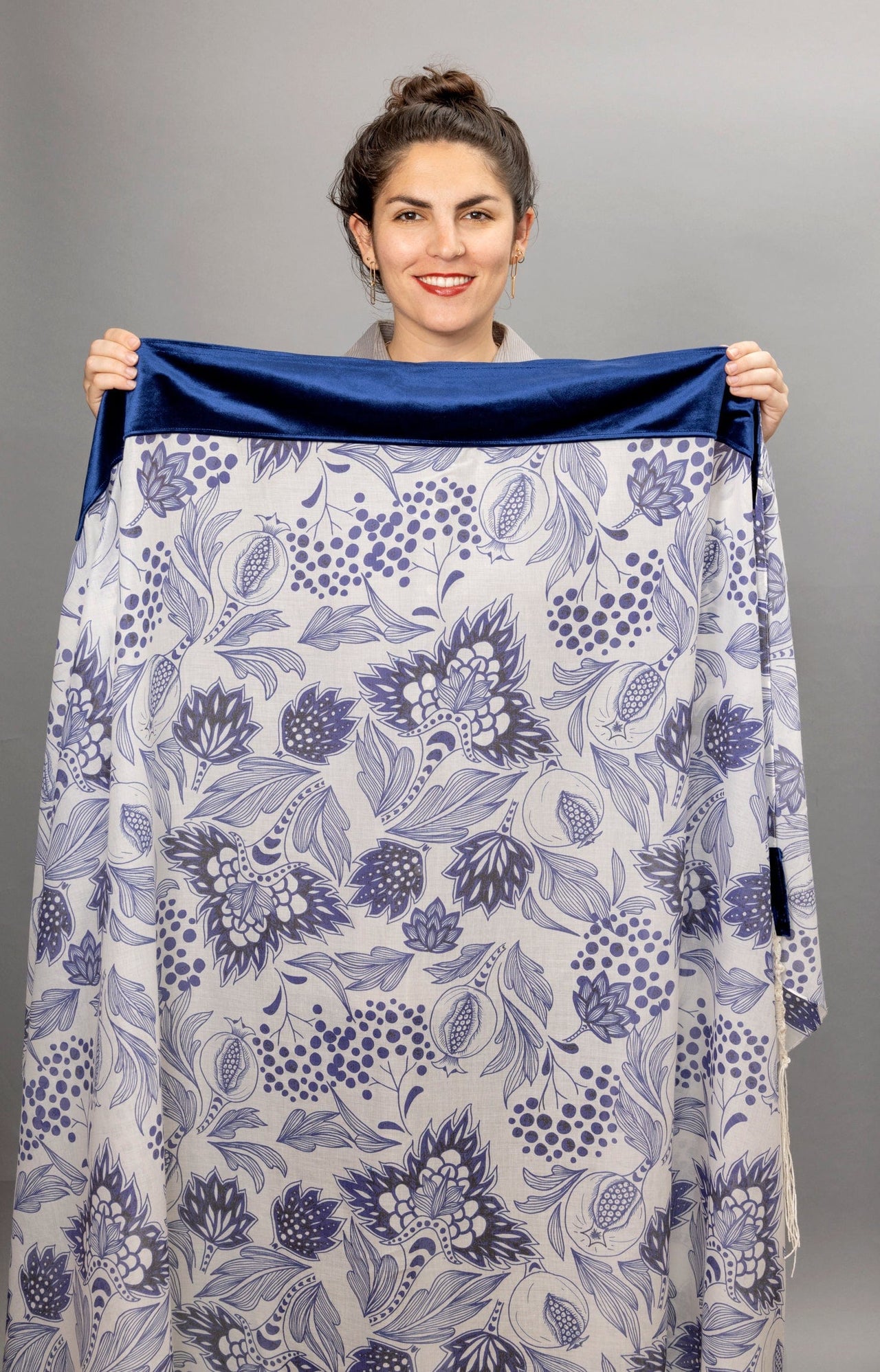 Elly Bovarnick Studios Tallises Navy Blue Pomegranates with Cotton Velvet Tallit
