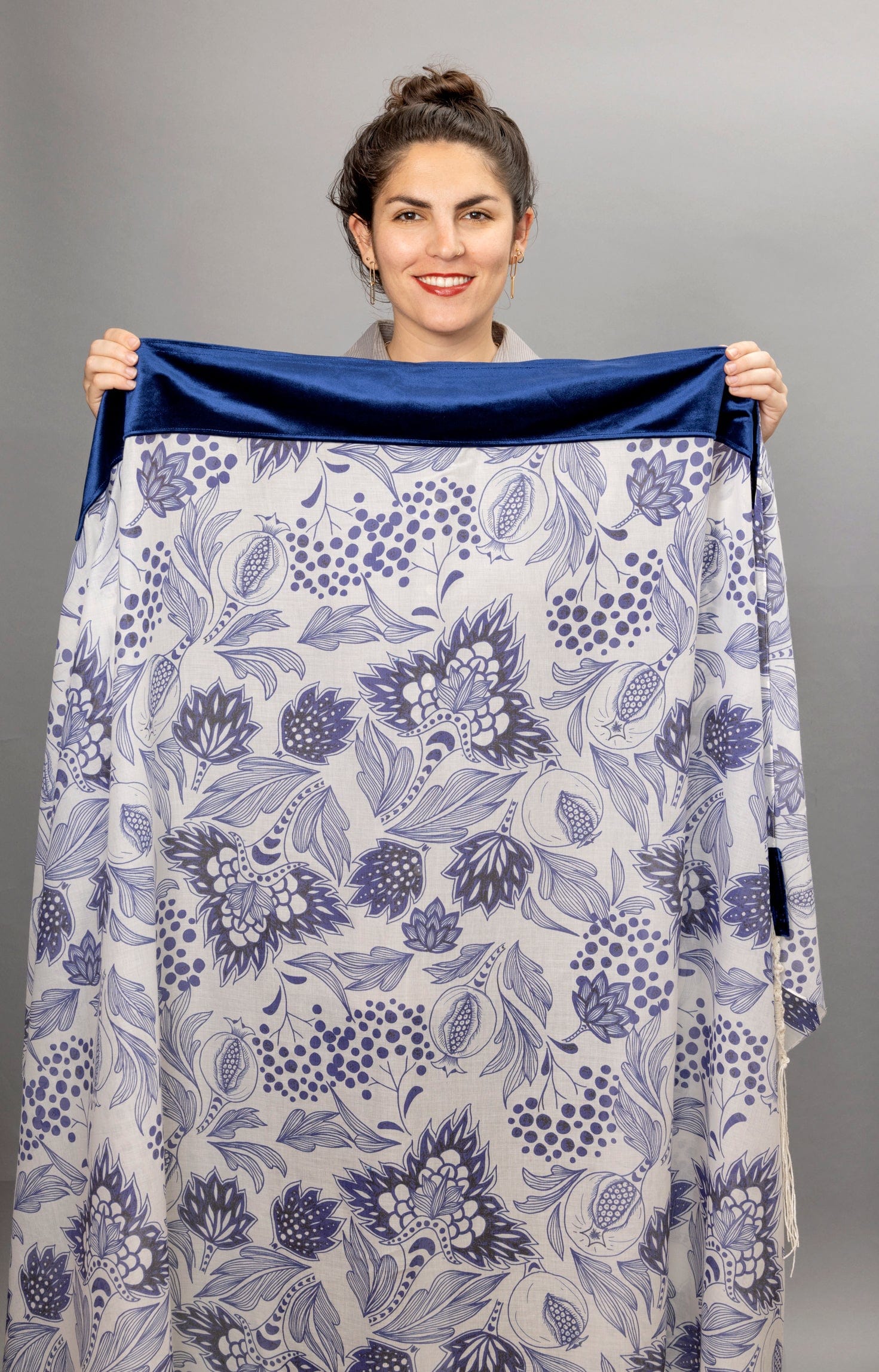 Elly Bovarnick Studios Tallises Navy Blue Pomegranates with Cotton Velvet Tallit