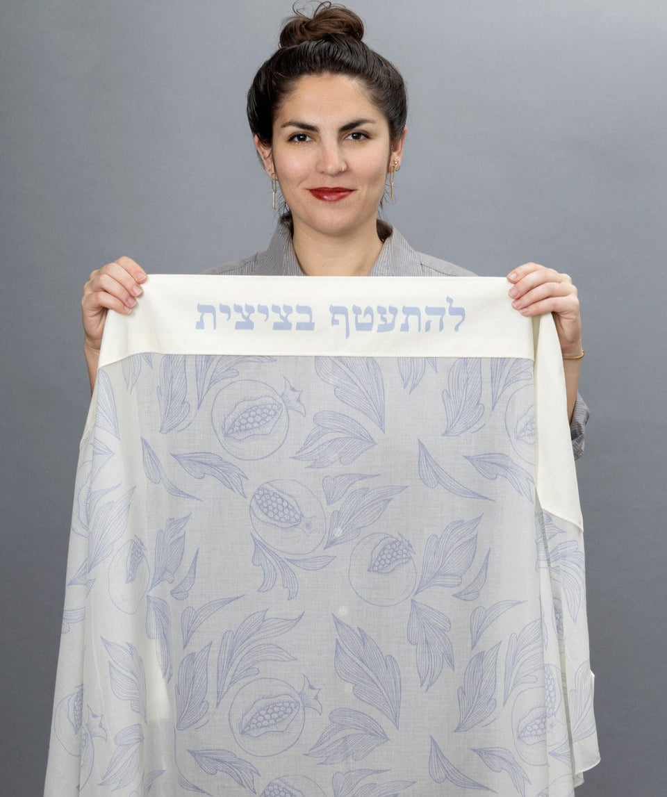 Elly Bovarnick Studios - Pale Blue and White Ink Pomegranates Cotton Tallit - ModernTribe