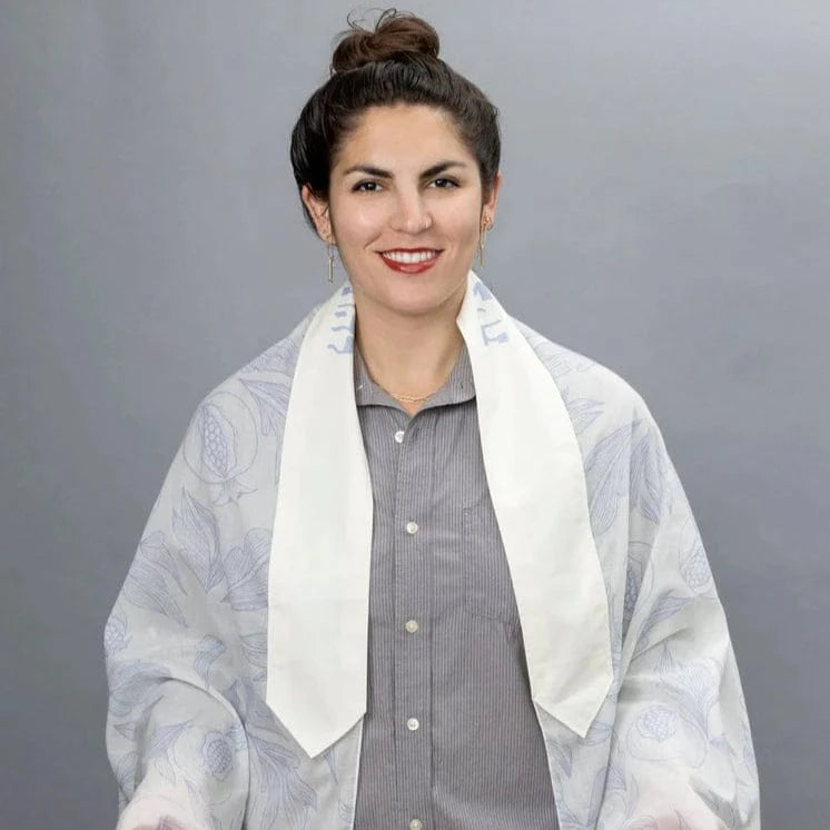 Elly Bovarnick Studios Tallises Pale Blue and White Ink Pomegranates Cotton Tallit