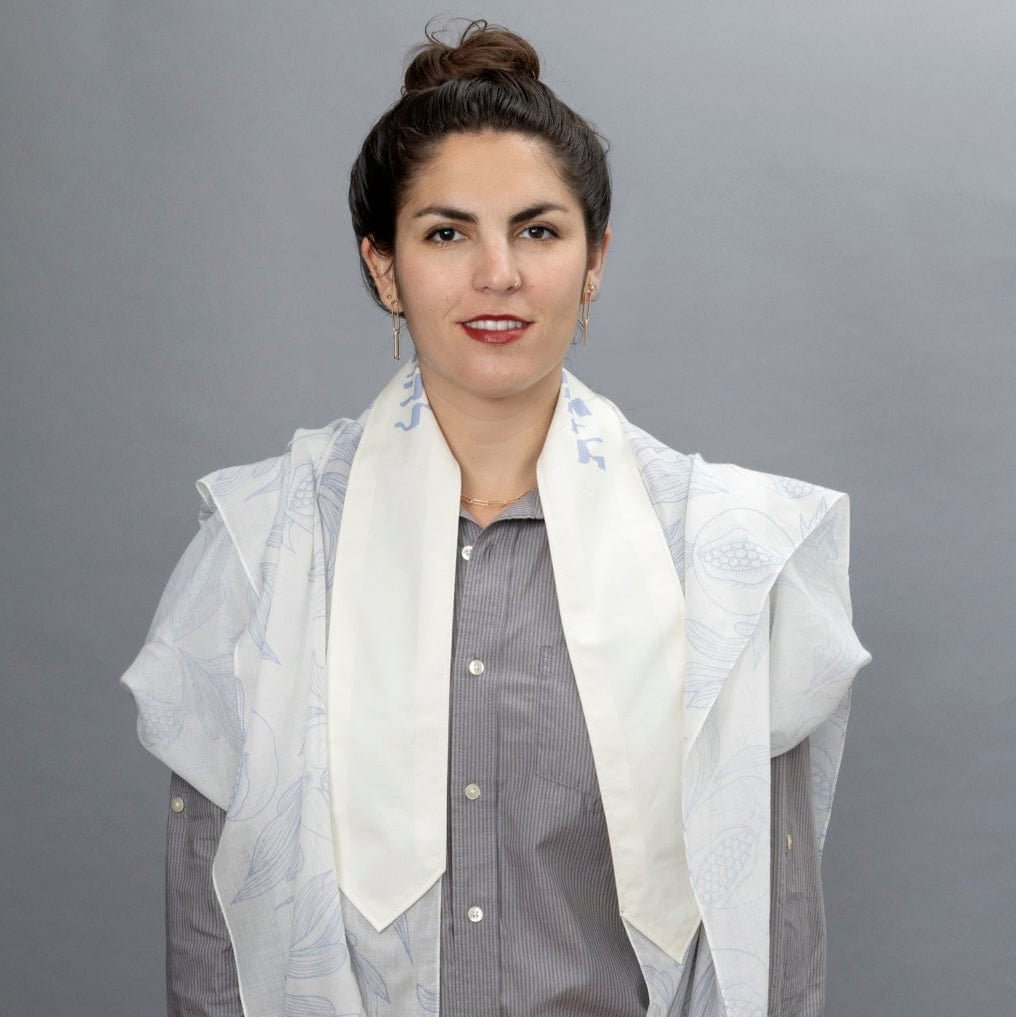 Elly Bovarnick Studios - Pale Blue and White Ink Pomegranates Cotton Tallit - ModernTribe