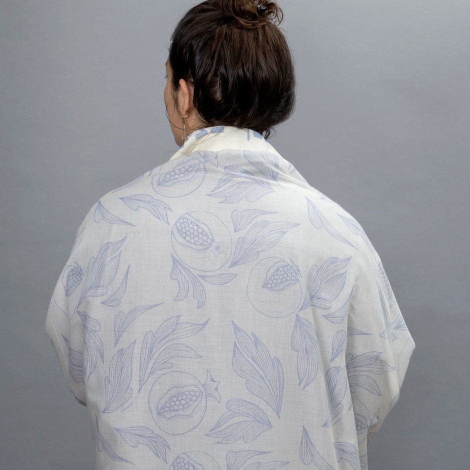 Elly Bovarnick Studios - Pale Blue and White Ink Pomegranates Cotton Tallit - ModernTribe