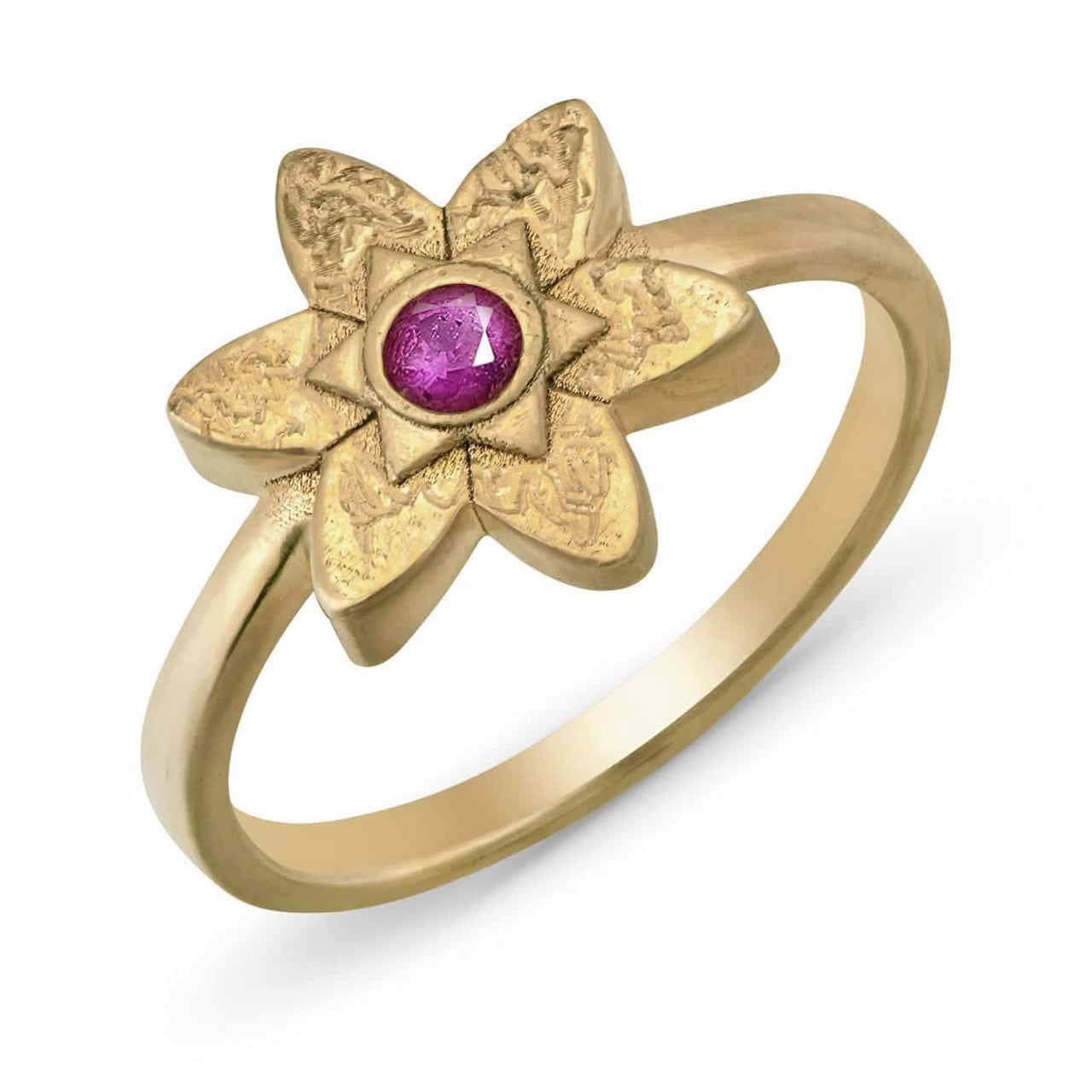 Petal Star of David ring with pink sapphire in 14k gold by Sages & Souls