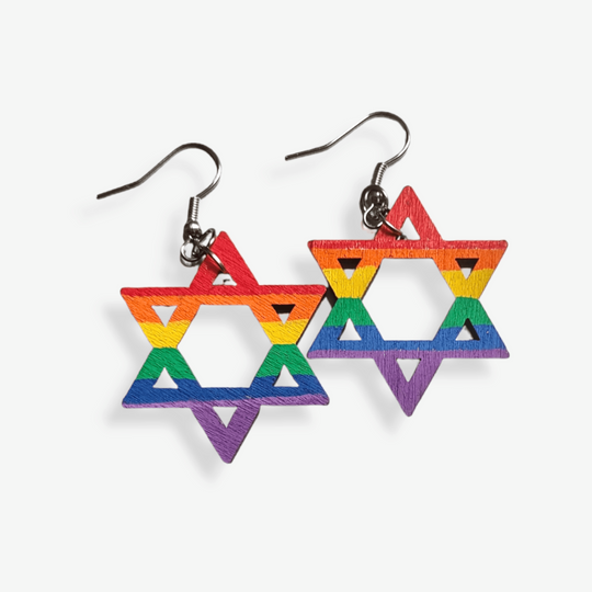 Wooden Rainbow Star of David Earrings