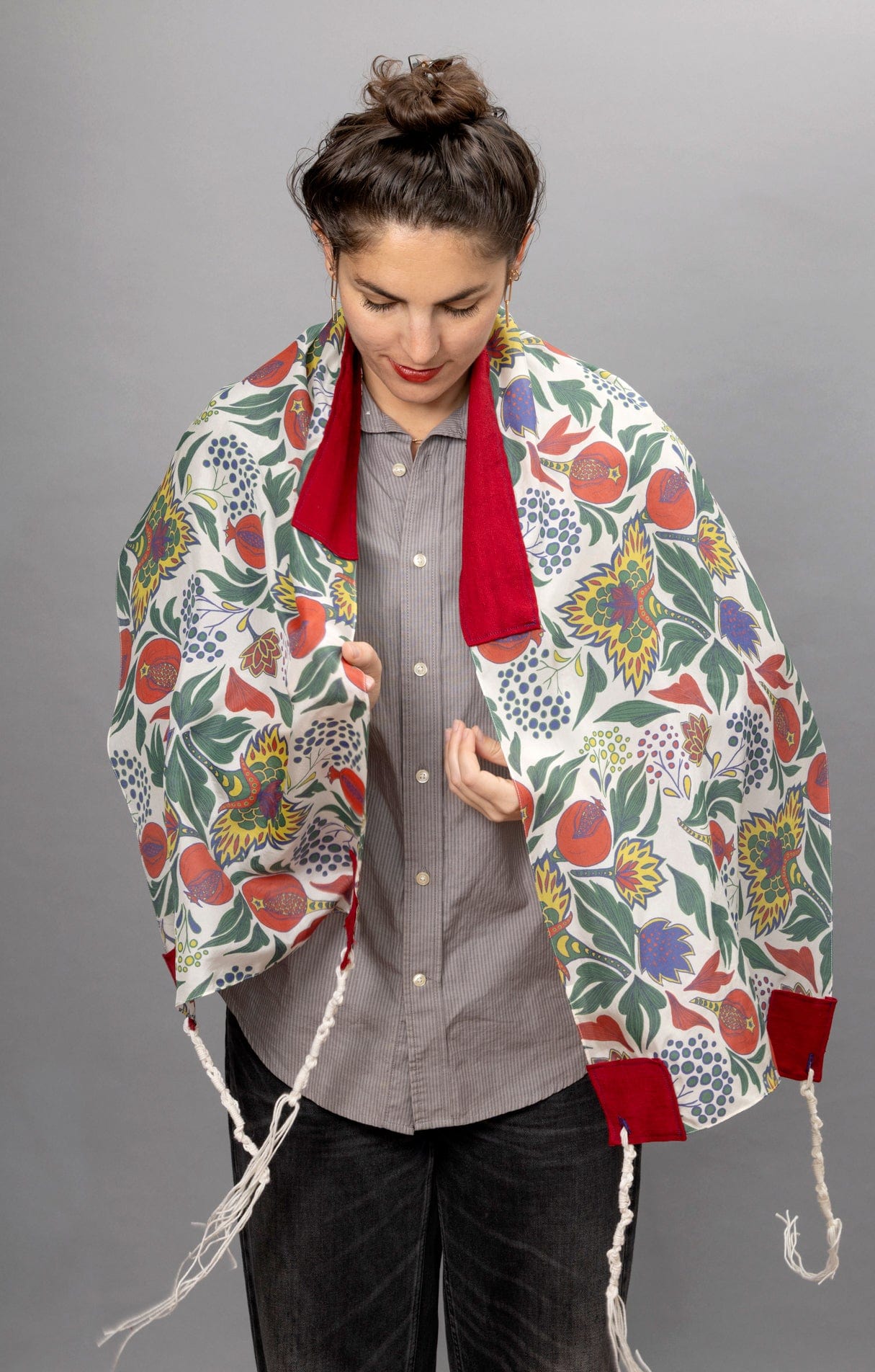 Elly Bovarnick Studios - Primary Colors Silk and Velvet Pomegranates Tallit - ModernTribe