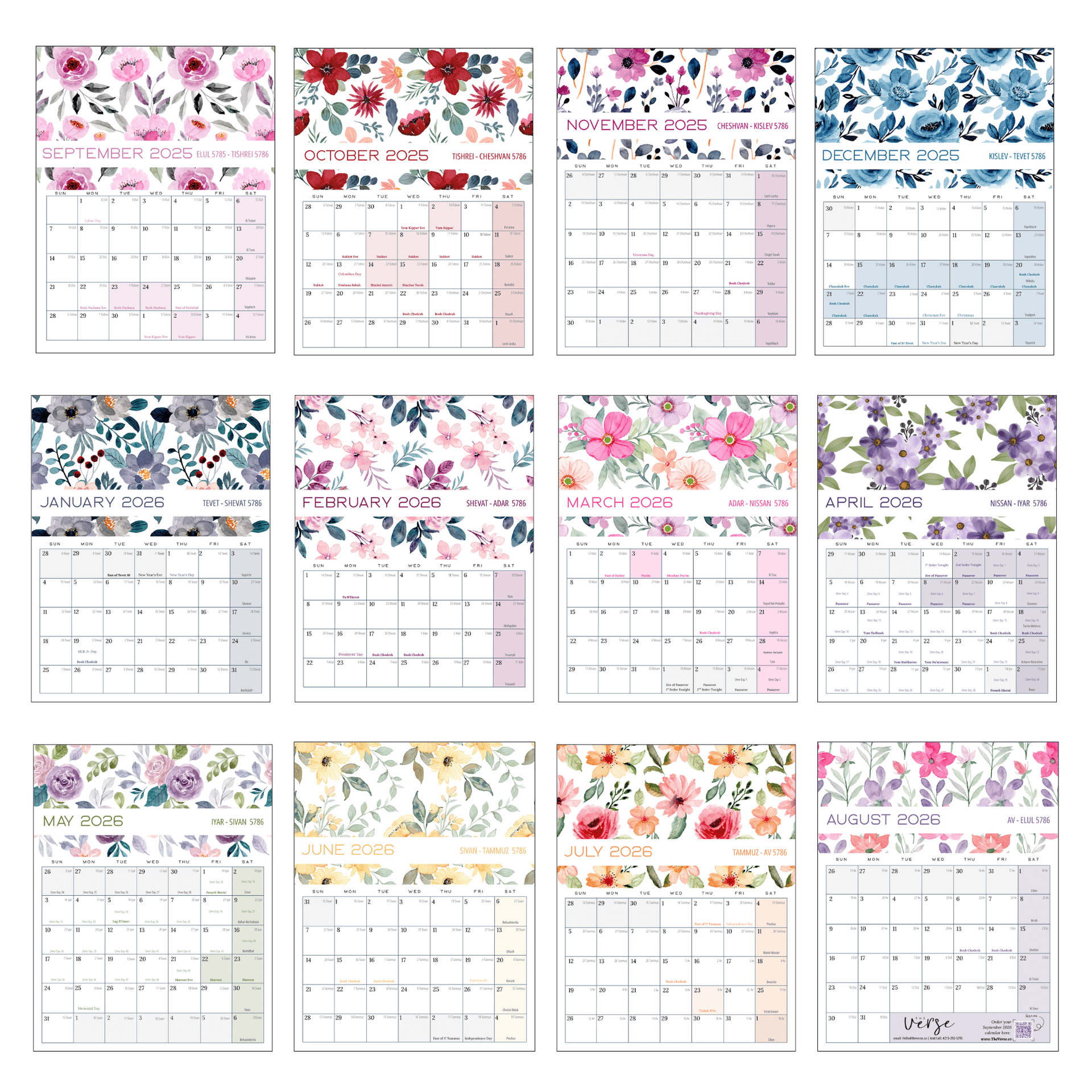 The Verse Calendars Floral Jewish Wall Calendar 2025-2026 (5786)