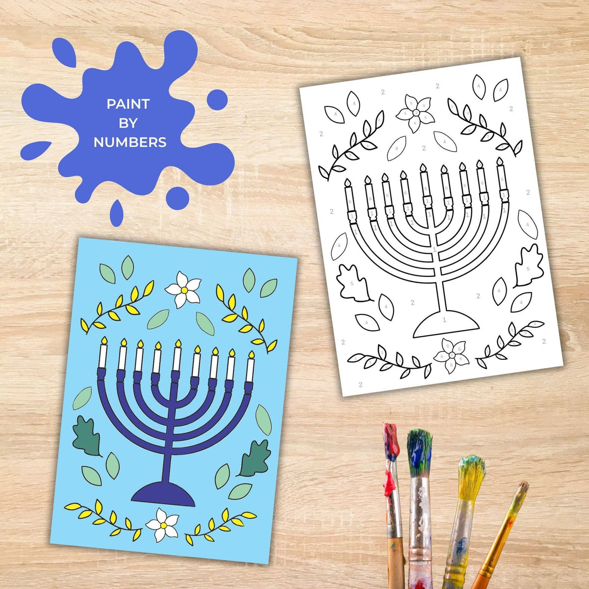 Raina Andres Art Crafts Paint By Numbers Hanukkah Card Making Kit - Floral Menorah