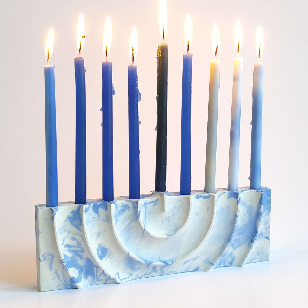 Logifaces Menorahs Hand-Poured Rippled Concrete Hanukkah Menorah - Blue Marbled