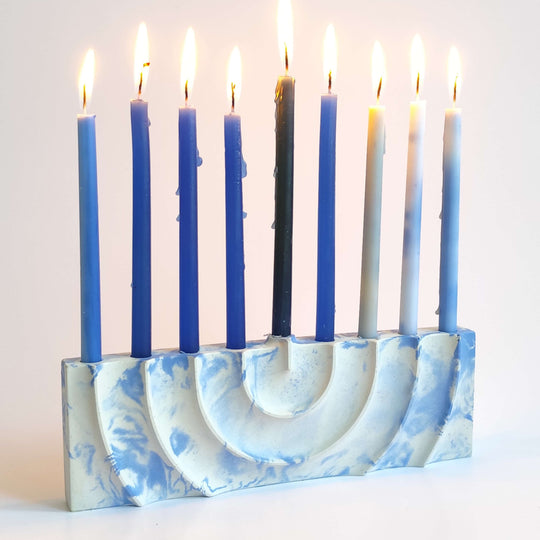 Hand-Poured Rippled Concrete Hanukkah Menorah - Blue Marbled