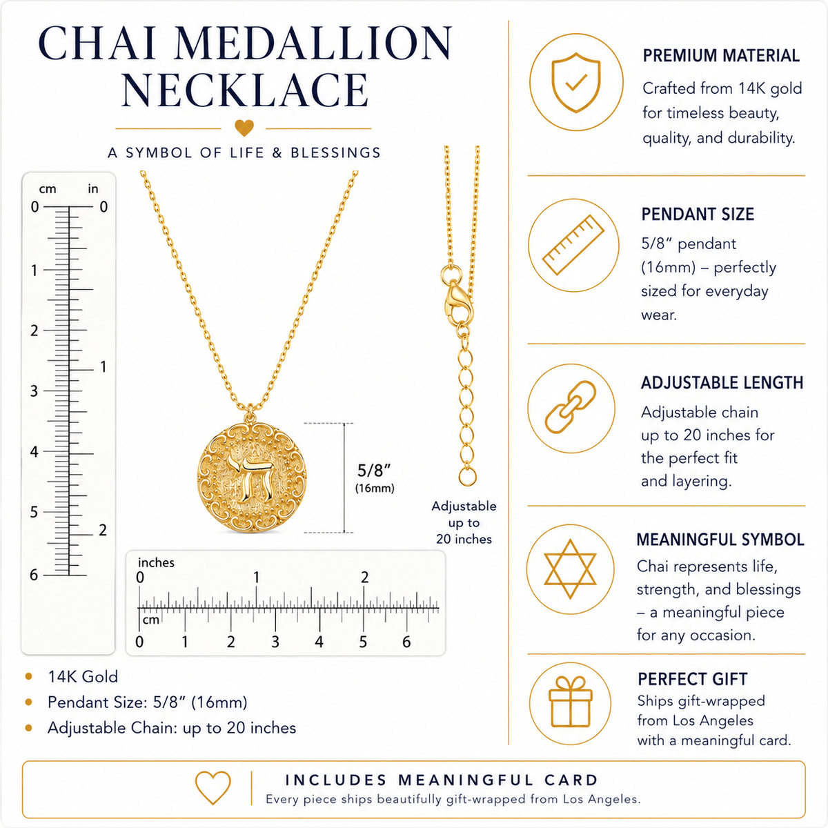Alef Bet Necklaces Engraved Chai Necklace - 14k Gold