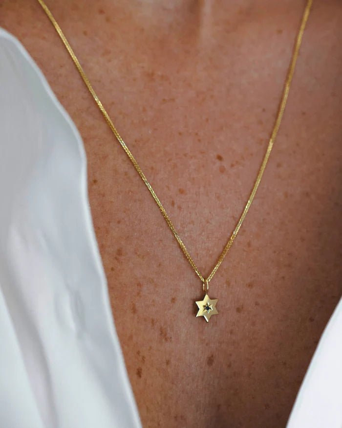 HOTCROWN - Gaza Envelope Shield Star of David Necklace with a Blue Sapphire - 14k Yellow, Rose or White Gold - ModernTribe