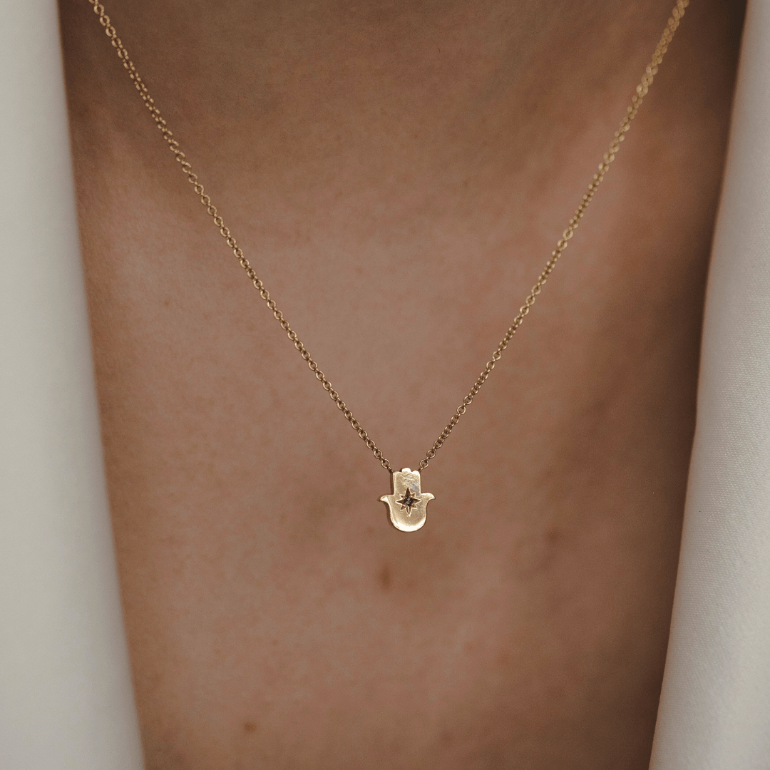 HOTCROWN - Floating Hamsa Gemstone Necklace with a Ruby or Emerald - 14k Yellow, Rose or White Gold - ModernTribe