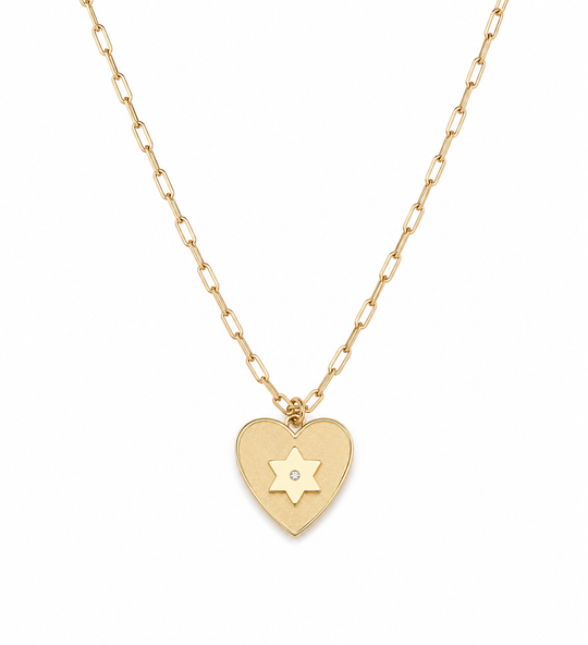 Shelly Heart Star of David Diamond Paperclip Necklace by Miriam Merenfeld - (Sterling Silver or Gold-Plated)