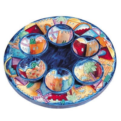 Yair Emanuel Matzah Plates Hand-Painted Jerusalem Seder Plate with Six Bowls by Yair Emanuel