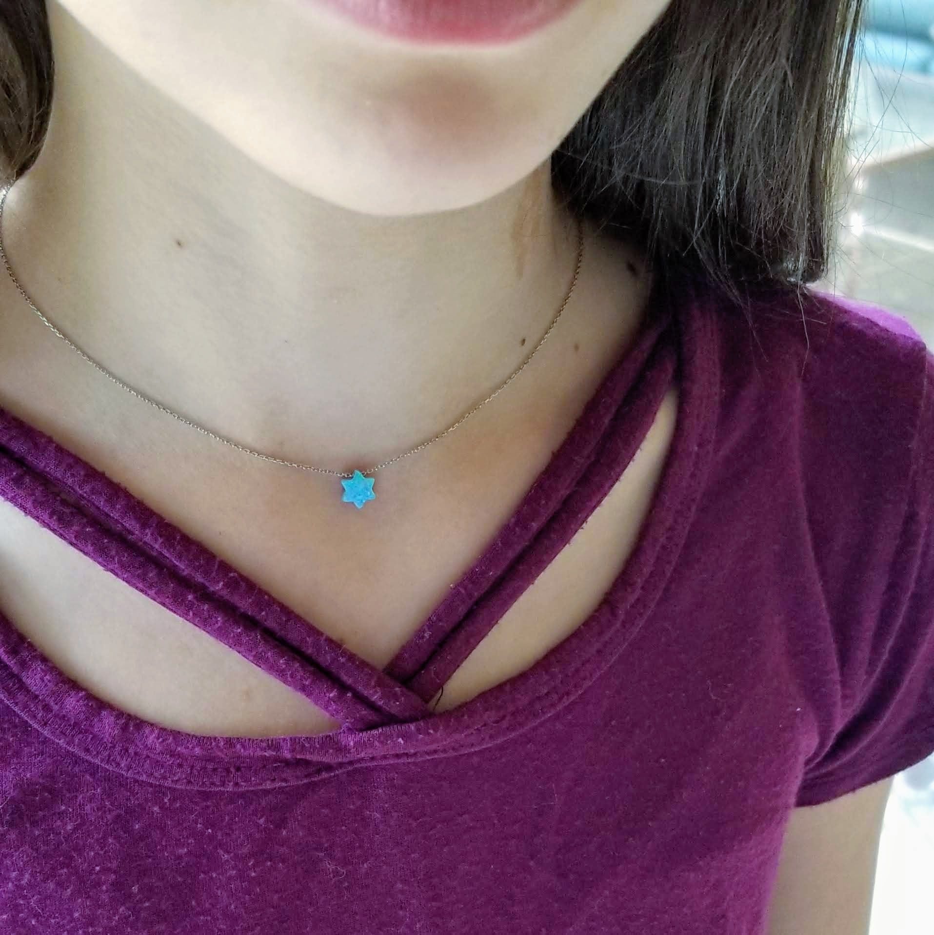 Blue Created Opal Star Of David Necklace - 925 Sterling Silver Chain, Adjustable Length