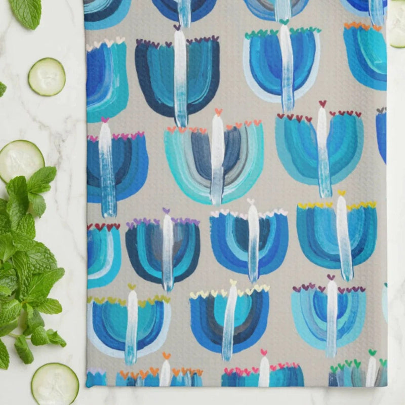 Arielle Zorger Designs - Blue Menorahs Hanukkah Kitchen Tea Towel - ModernTribe