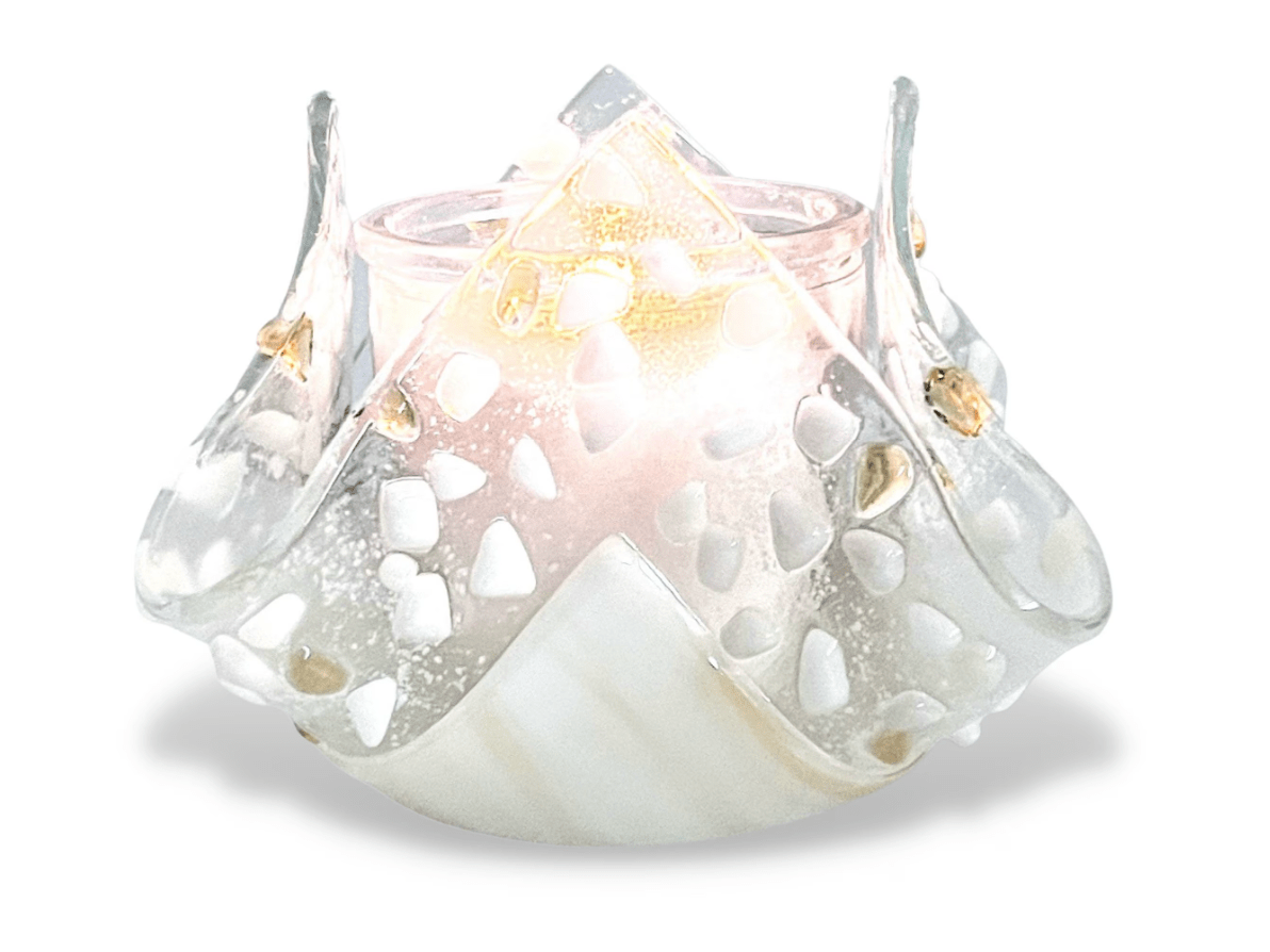 Shevi B Glass Creations - Yahrzeit Candle Holder - White and Gold - ModernTribe