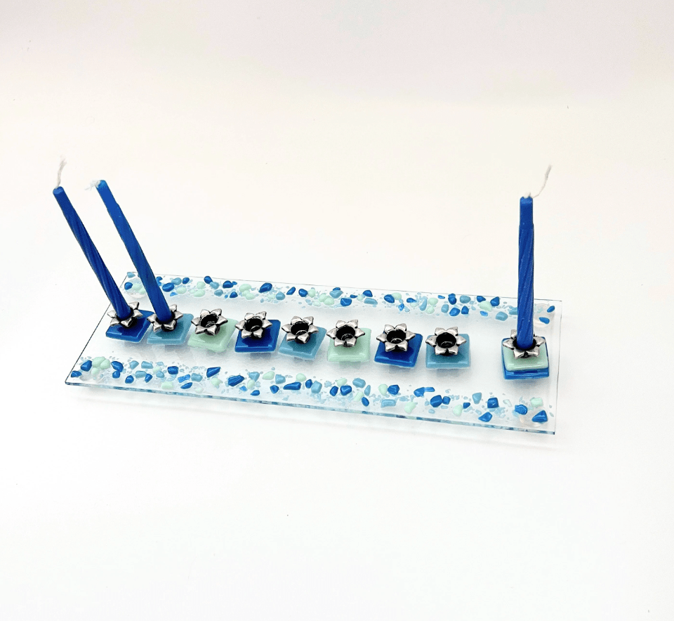 Shevi B Glass Creations Menorahs Fused Glass Menorah - Blue