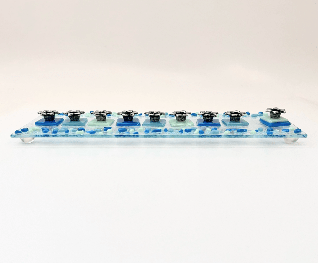 Shevi B Glass Creations Menorahs Fused Glass Menorah - Blue