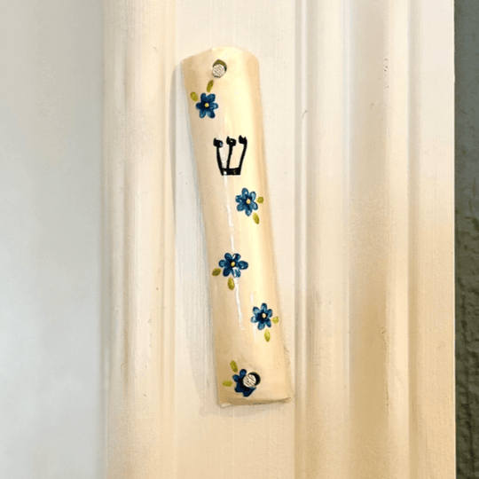 Handmade Ceramic Flower Mezuzah - White and Blue